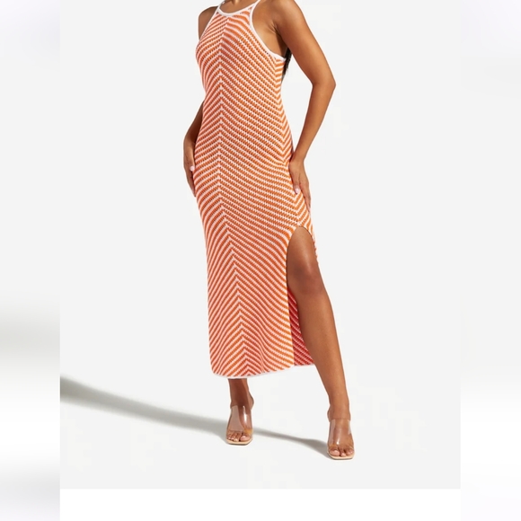 Orange racer spaghetti strap knit dress with double sided slit - Picture 1 of 4
